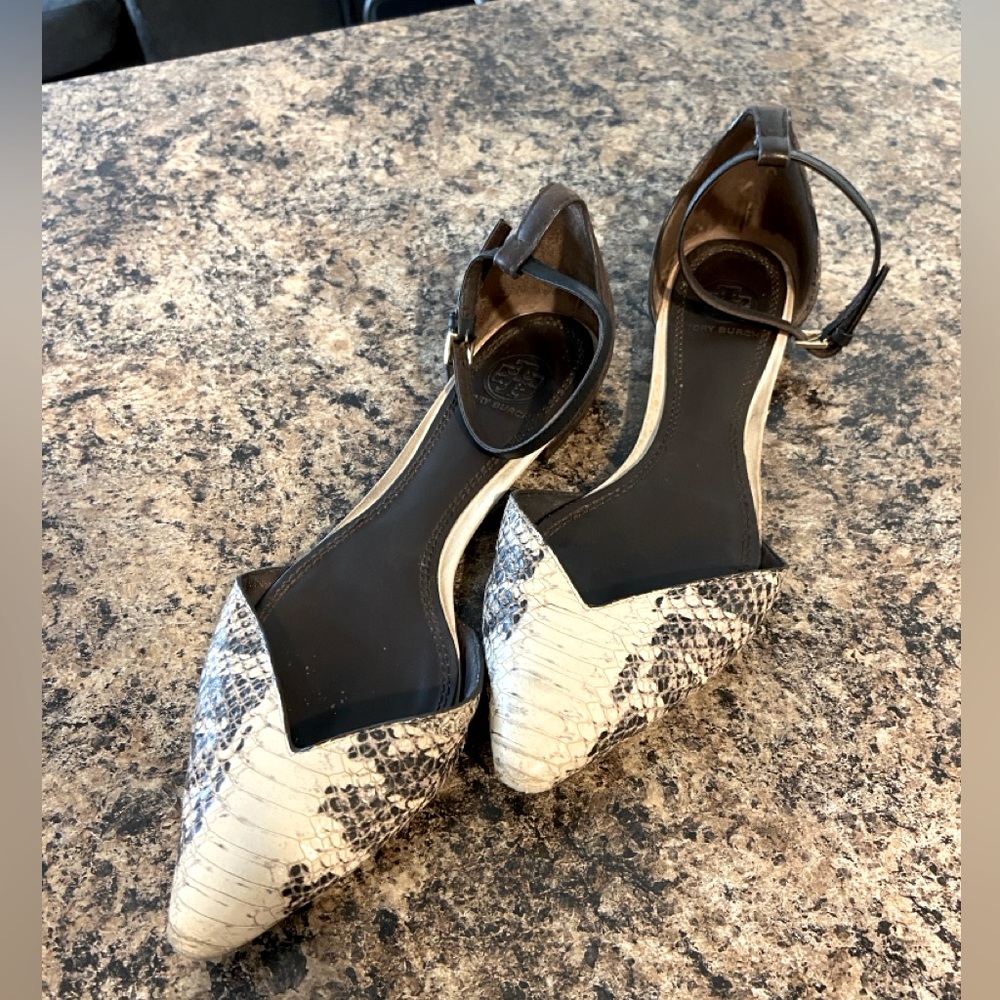 Tory Burch D’Orsay Flats with Ankle Strap - Snake / Leather